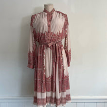 Load image into Gallery viewer, Vintage 70s Boho Micropleat Polyester Pink Paisley Print Shirtwaist Dress 12
