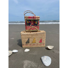 Load image into Gallery viewer, Vintage 80s Woven Raffia Basket Bag Red/Blue Aztec Southwest Pattern