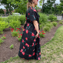 Load image into Gallery viewer, Vintage 1970s Black Red Floral Kaftan Mumu Maxi Dress