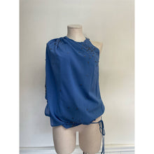 Load image into Gallery viewer, Robert Rodriguez 100% Silk Blue Rhinestone Asymmetrical Shoulder Gauzy Blouse