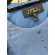 Load image into Gallery viewer, Robert Rodriguez 100% Silk Blue Rhinestone Asymmetrical Shoulder Gauzy Blouse
