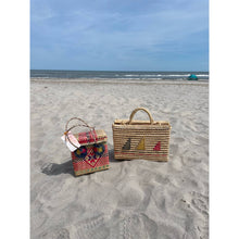 Load image into Gallery viewer, Vintage 80s Woven Raffia Basket Bag Red/Blue Aztec Southwest Pattern
