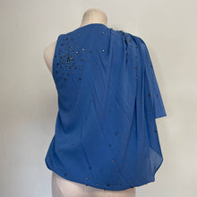 Load image into Gallery viewer, Robert Rodriguez 100% Silk Blue Rhinestone Asymmetrical Shoulder Gauzy Blouse
