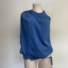 Load image into Gallery viewer, Robert Rodriguez 100% Silk Blue Rhinestone Asymmetrical Shoulder Gauzy Blouse