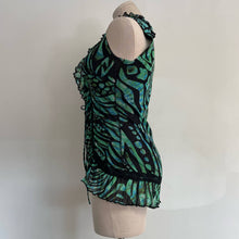 Load image into Gallery viewer, Designer NWT Fuzzi y2k Mesh Ruffle Tie Front Tank Green Black M