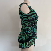 Load image into Gallery viewer, Designer NWT Fuzzi y2k Mesh Ruffle Tie Front Tank Green Black M