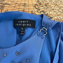Load image into Gallery viewer, Robert Rodriguez 100% Silk Blue Rhinestone Asymmetrical Shoulder Gauzy Blouse