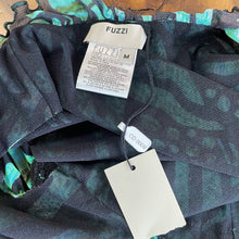 Load image into Gallery viewer, Designer NWT Fuzzi y2k Mesh Ruffle Tie Front Tank Green Black M
