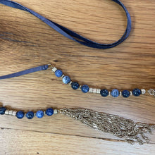 Load image into Gallery viewer, Handmade Boho Western Navy Blue Gold Suede Beaded Scarf Wrap Tie Necklace