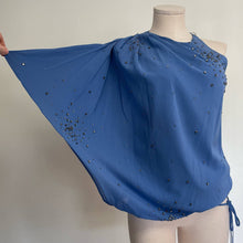 Load image into Gallery viewer, Robert Rodriguez 100% Silk Blue Rhinestone Asymmetrical Shoulder Gauzy Blouse