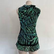 Load image into Gallery viewer, Designer NWT Fuzzi y2k Mesh Ruffle Tie Front Tank Green Black M