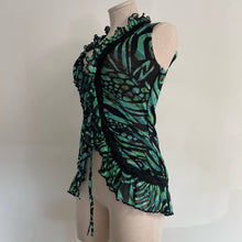 Load image into Gallery viewer, Designer NWT Fuzzi y2k Mesh Ruffle Tie Front Tank Green Black M