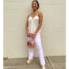 Load image into Gallery viewer, Vintage 80s Woven Raffia Basket Bag Red/Blue Aztec Southwest Pattern