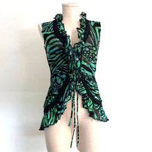 Load image into Gallery viewer, Designer NWT Fuzzi y2k Mesh Ruffle Tie Front Tank Green Black M