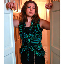 Load image into Gallery viewer, Designer NWT Fuzzi y2k Mesh Ruffle Tie Front Tank Green Black M