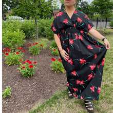 Load image into Gallery viewer, Vintage 1970s Black Red Floral Kaftan Mumu Maxi Dress