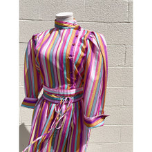 Load image into Gallery viewer, Vintage 1970s Multi Striped Pink Rainbow Statement 3/4 length Long-Sleeved Dress