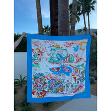 Load image into Gallery viewer, Vintage 1980s Dominique Martine Blue Large Sarong Scarf Wrap Square Painted Print
