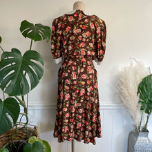 Load image into Gallery viewer, Vintage 1980s Brown Pink Floral Prairie Midi Dress with Belt Pleated Sz 8