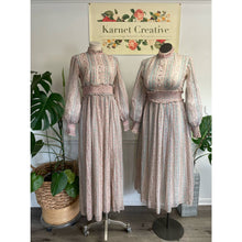 Load image into Gallery viewer, Vintage 1970s Maxi Pastel Pink Blue Prairie Boho Maxi Full Length Long Sleeve Dress Sz 12