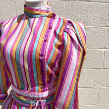 Load image into Gallery viewer, Vintage 1970s Multi Striped Pink Rainbow Statement 3/4 length Long-Sleeved Dress