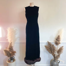 Load image into Gallery viewer, Vintage 1960s Gale Mitchell Black Silk Velvet with Fur Trim Hem Maxi Gown Sz 6