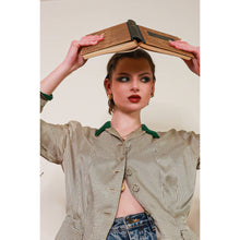 Load image into Gallery viewer, Vintage 1950s Ascot Casuals Ltd Green Velvet Trim Print Button up Blouse sz 8