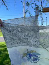 Load image into Gallery viewer, Vintage 1940s Silk Floral Large Square Scarf Wrap Blue Gray Lace Detail AS IS