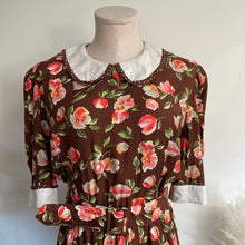 Load image into Gallery viewer, Vintage 1980s Brown Pink Floral Prairie Midi Dress with Belt Pleated Sz 8