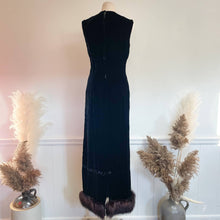 Load image into Gallery viewer, Vintage 1960s Gale Mitchell Black Silk Velvet with Fur Trim Hem Maxi Gown Sz 6