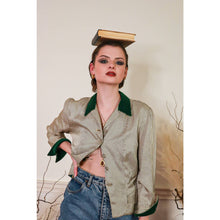 Load image into Gallery viewer, Vintage 1950s Ascot Casuals Ltd Green Velvet Trim Print Button up Blouse sz 8