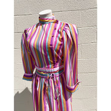Load image into Gallery viewer, Vintage 1970s Multi Striped Pink Rainbow Statement 3/4 length Long-Sleeved Dress