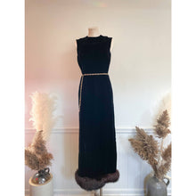 Load image into Gallery viewer, Vintage 1960s Gale Mitchell Black Silk Velvet with Fur Trim Hem Maxi Gown Sz 6