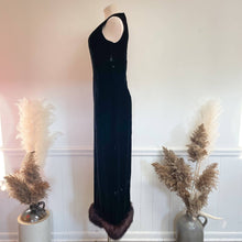 Load image into Gallery viewer, Vintage 1960s Gale Mitchell Black Silk Velvet with Fur Trim Hem Maxi Gown Sz 6