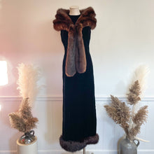 Load image into Gallery viewer, Vintage 1960s Gale Mitchell Black Silk Velvet with Fur Trim Hem Maxi Gown Sz 6