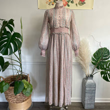 Load image into Gallery viewer, Vintage 1970s Maxi Pastel Pink Blue Prairie Boho Maxi Full Length Long Sleeve Dress Sz 12