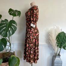 Load image into Gallery viewer, Vintage 1980s Brown Pink Floral Prairie Midi Dress with Belt Pleated Sz 8