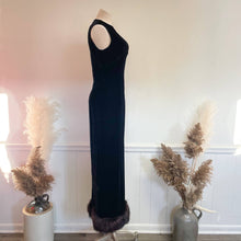 Load image into Gallery viewer, Vintage 1960s Gale Mitchell Black Silk Velvet with Fur Trim Hem Maxi Gown Sz 6