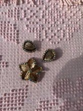 Load image into Gallery viewer, Vintage 1960s Rhinestone Gold Tone Flower Pin with Matching Leaf Clip-on Earrings Costume (Set of 3)