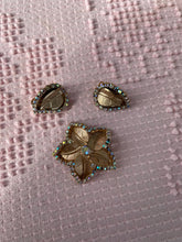 Load image into Gallery viewer, Vintage 1960s Rhinestone Gold Tone Flower Pin with Matching Leaf Clip-on Earrings Costume (Set of 3)