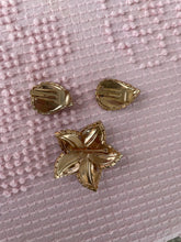 Load image into Gallery viewer, Vintage 1960s Rhinestone Gold Tone Flower Pin with Matching Leaf Clip-on Earrings Costume (Set of 3)
