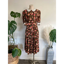 Load image into Gallery viewer, Vintage 1980s Brown Pink Floral Prairie Midi Dress with Belt Pleated Sz 8