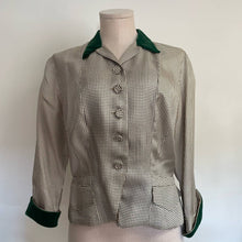Load image into Gallery viewer, Vintage 1950s Ascot Casuals Ltd Green Velvet Trim Print Button up Blouse sz 8