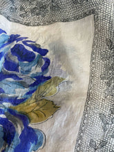 Load image into Gallery viewer, Vintage 1940s Silk Floral Large Square Scarf Wrap Blue Gray Lace Detail AS IS