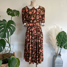 Load image into Gallery viewer, Vintage 1980s Brown Pink Floral Prairie Midi Dress with Belt Pleated Sz 8