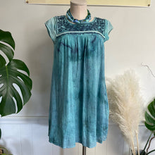 Load image into Gallery viewer, Upcycled Tie Dye American Eagle Boho Blue Embroidered Sun Mini Dress Cover-up Sz S