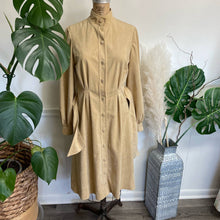 Load image into Gallery viewer, Vintage 1980s Lilli Ann Chamois Micro Faux Suede Tan Long-Sleeved Dress Button-front High Neck