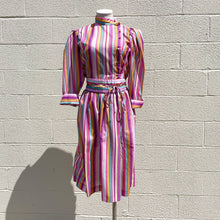 Load image into Gallery viewer, Vintage 1970s Multi Striped Pink Rainbow Statement 3/4 length Long-Sleeved Dress