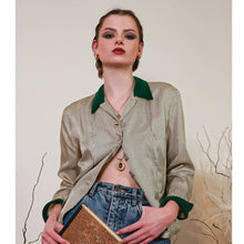 Load image into Gallery viewer, Vintage 1950s Ascot Casuals Ltd Green Velvet Trim Print Button up Blouse sz 8