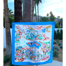 Load image into Gallery viewer, Vintage 1980s Dominique Martine Blue Large Sarong Scarf Wrap Square Painted Print